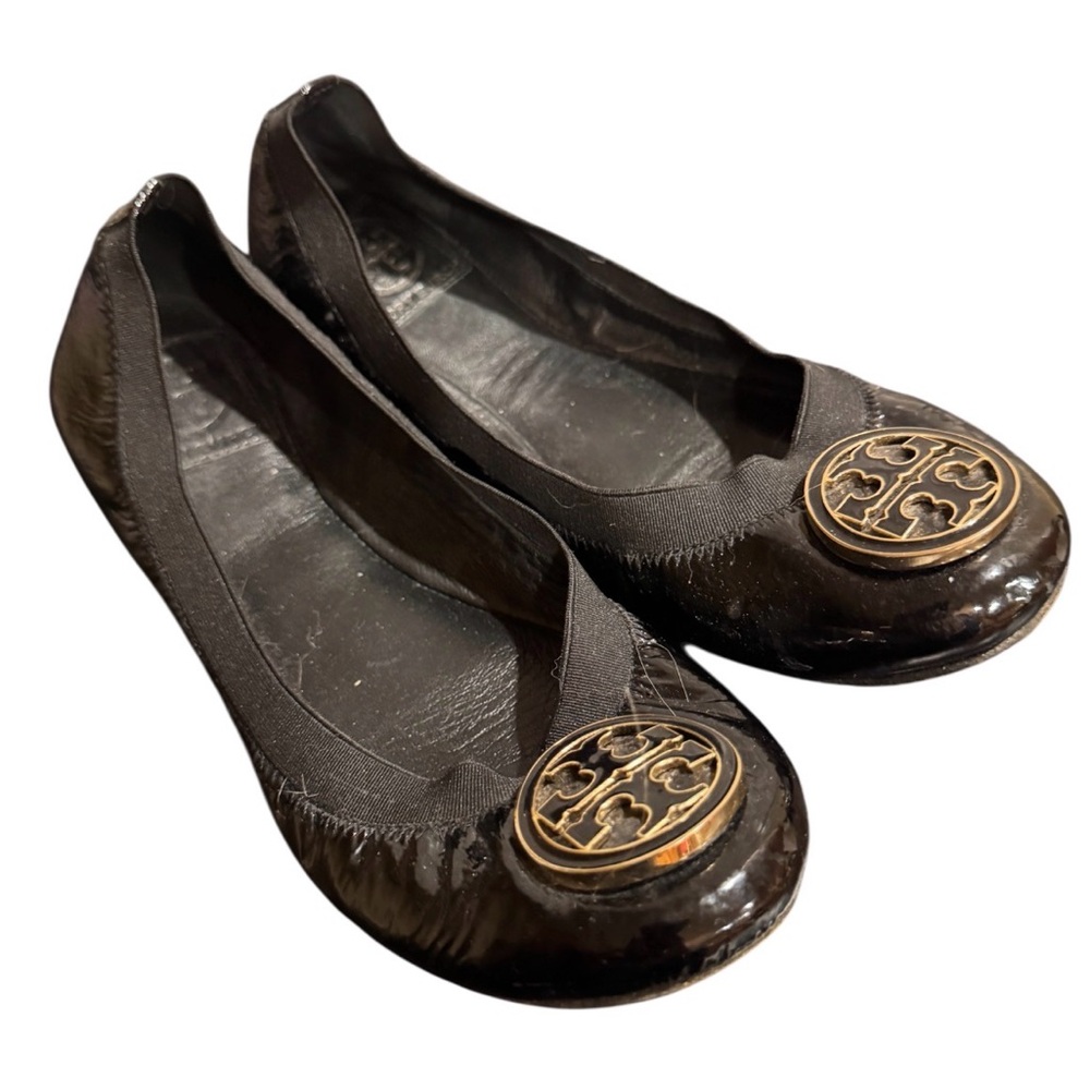 Tory Burch Black leather Flats with Gold Logo 7.5